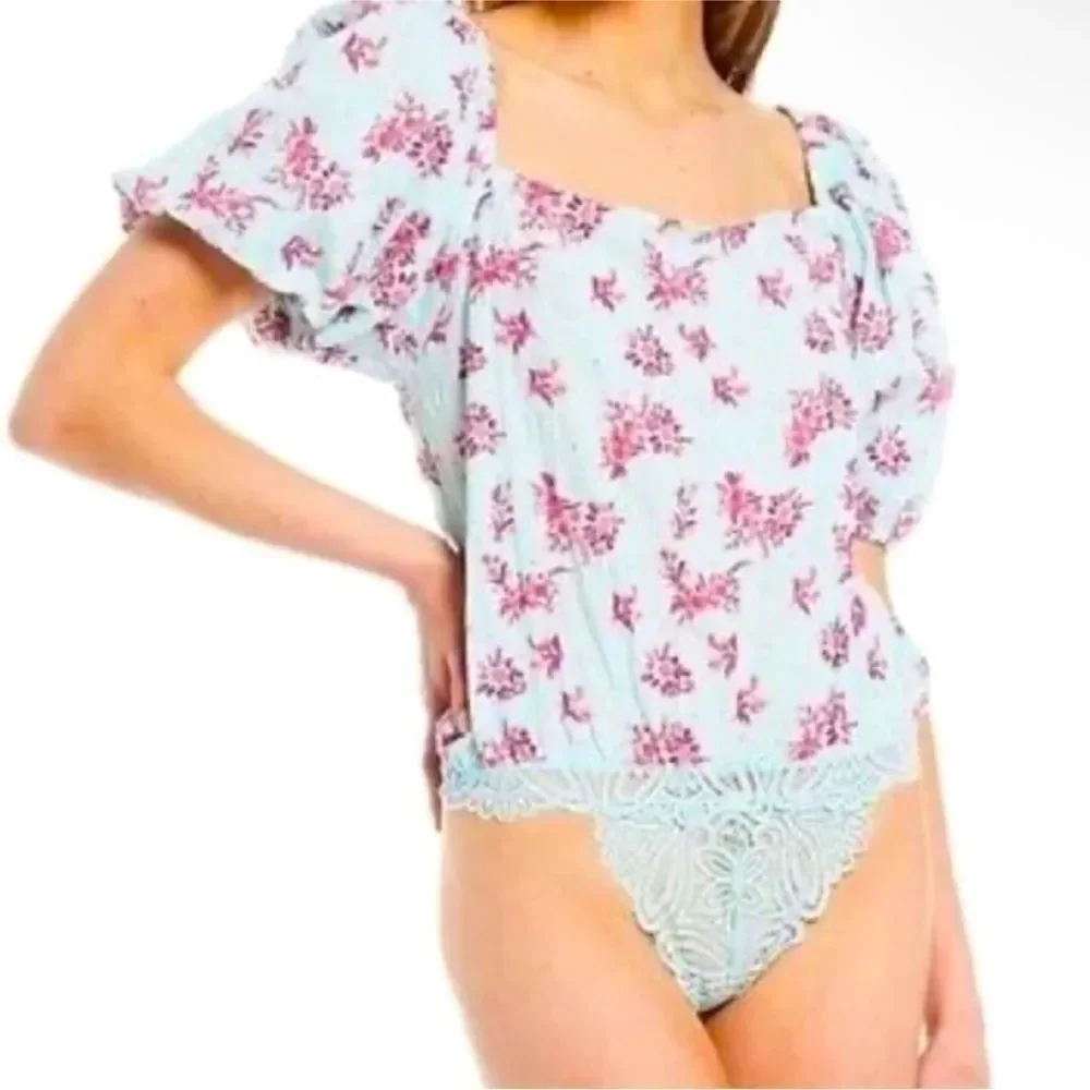 FREE PEOPLE | INTIMATELY Angela Floral Puff Sleeve Bodysuit NEW Women’s Size S